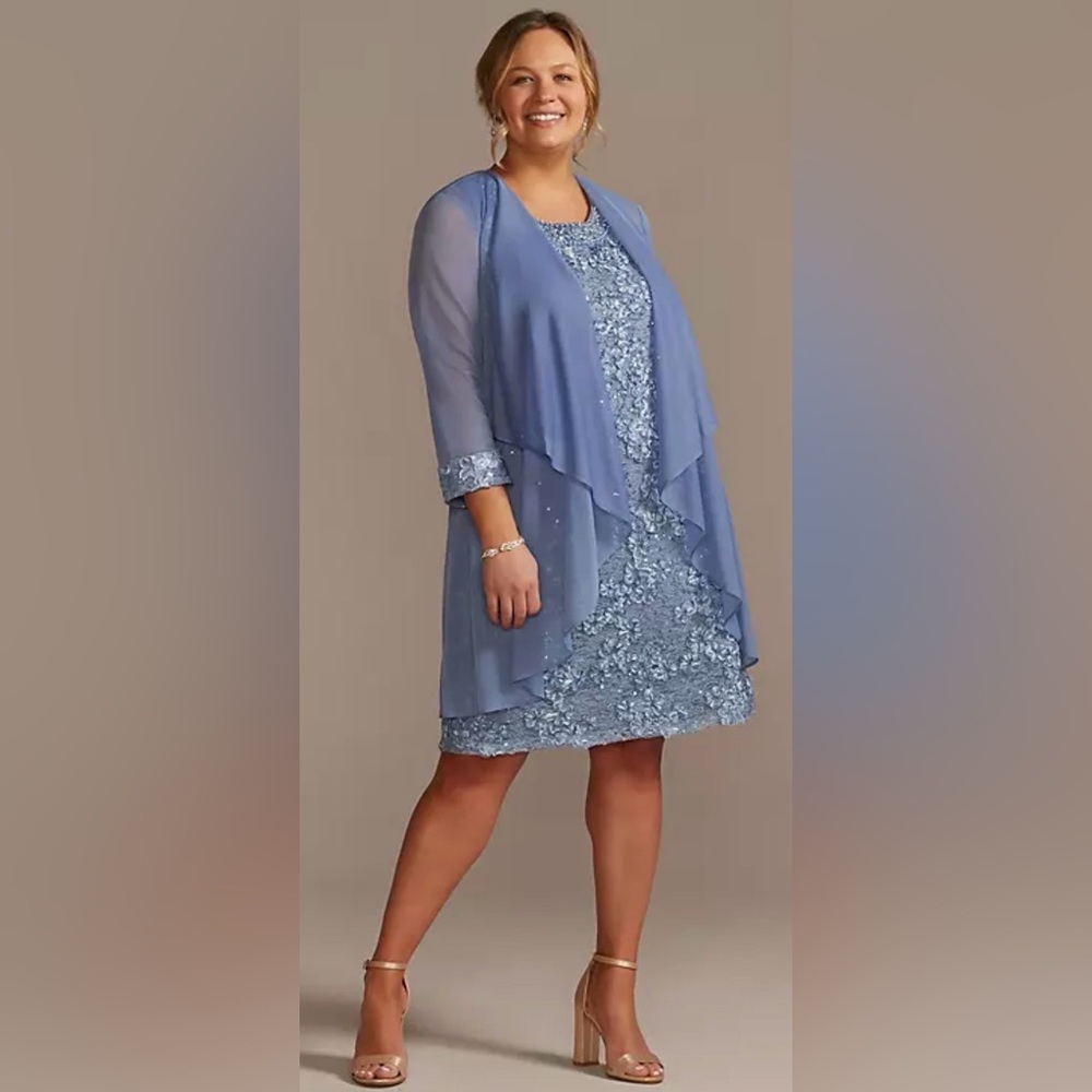RM RICHARDS Floral Lace Short Tank Dress with Chiffon Jacket
Size 8 dusty blue